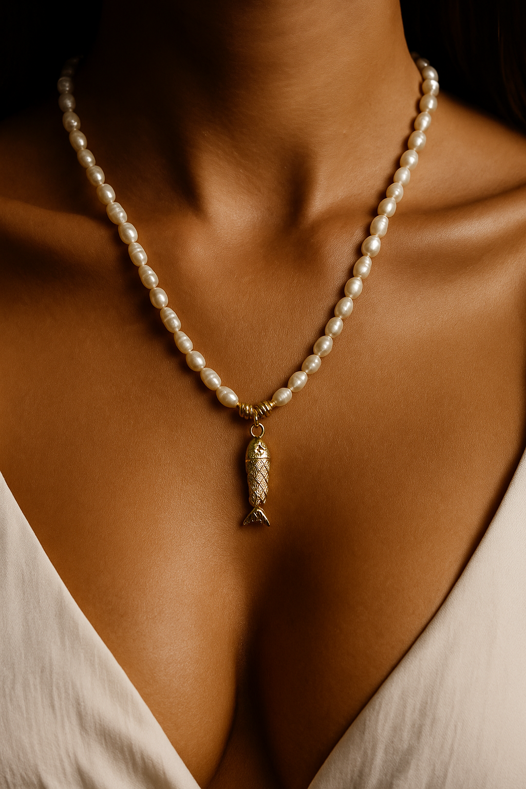Handcrafted Pearl Necklace with Fish Charm