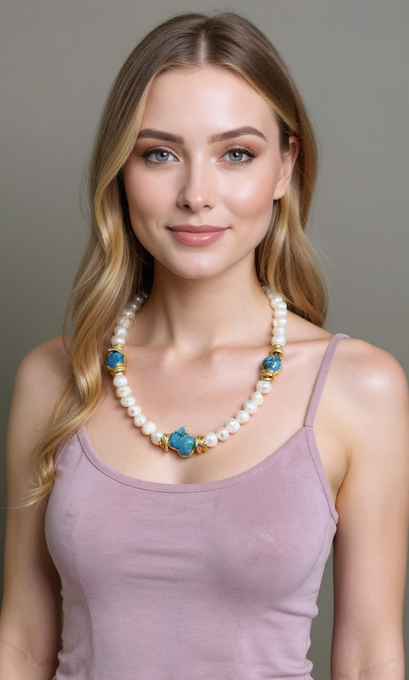 Handcrafted Pearl & Turquoise Necklace with 22K Gold-Plated Accents