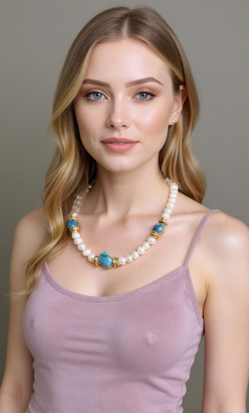 Handcrafted Pearl & Turquoise Necklace with 22K Gold-Plated Accents
