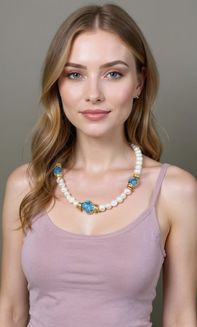 Handcrafted Pearl & Turquoise Necklace with 22K Gold-Plated Accents