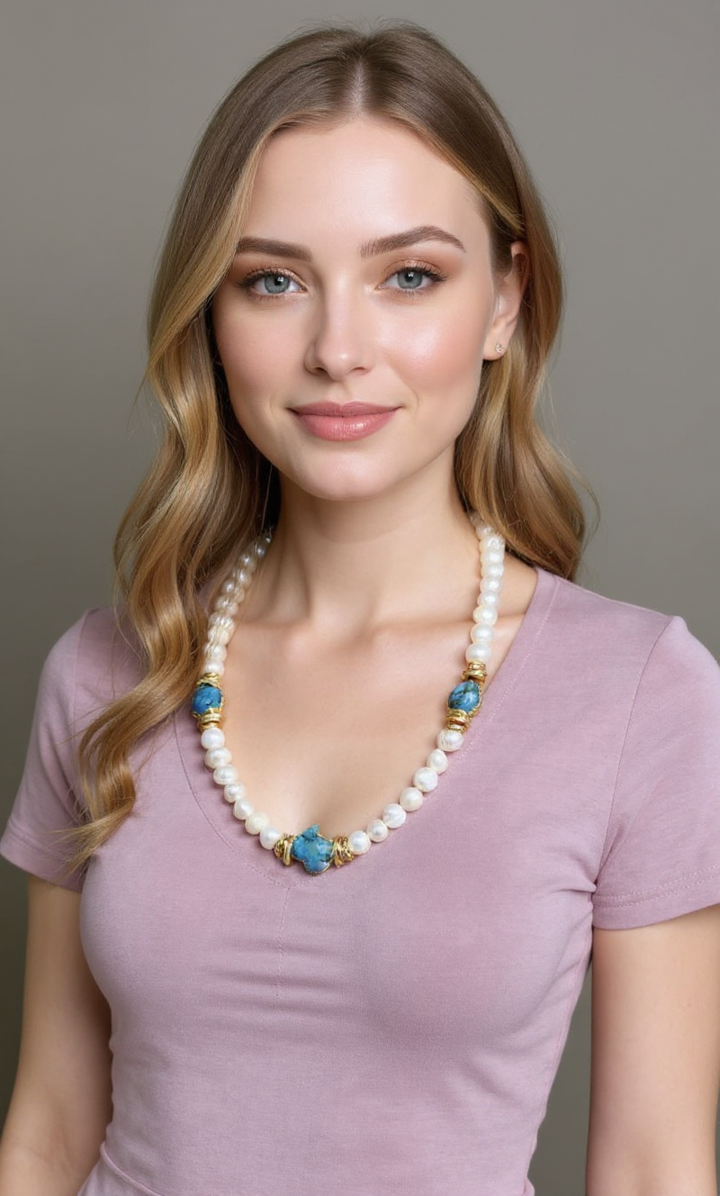 Handcrafted Pearl & Turquoise Necklace with 22K Gold-Plated Accents