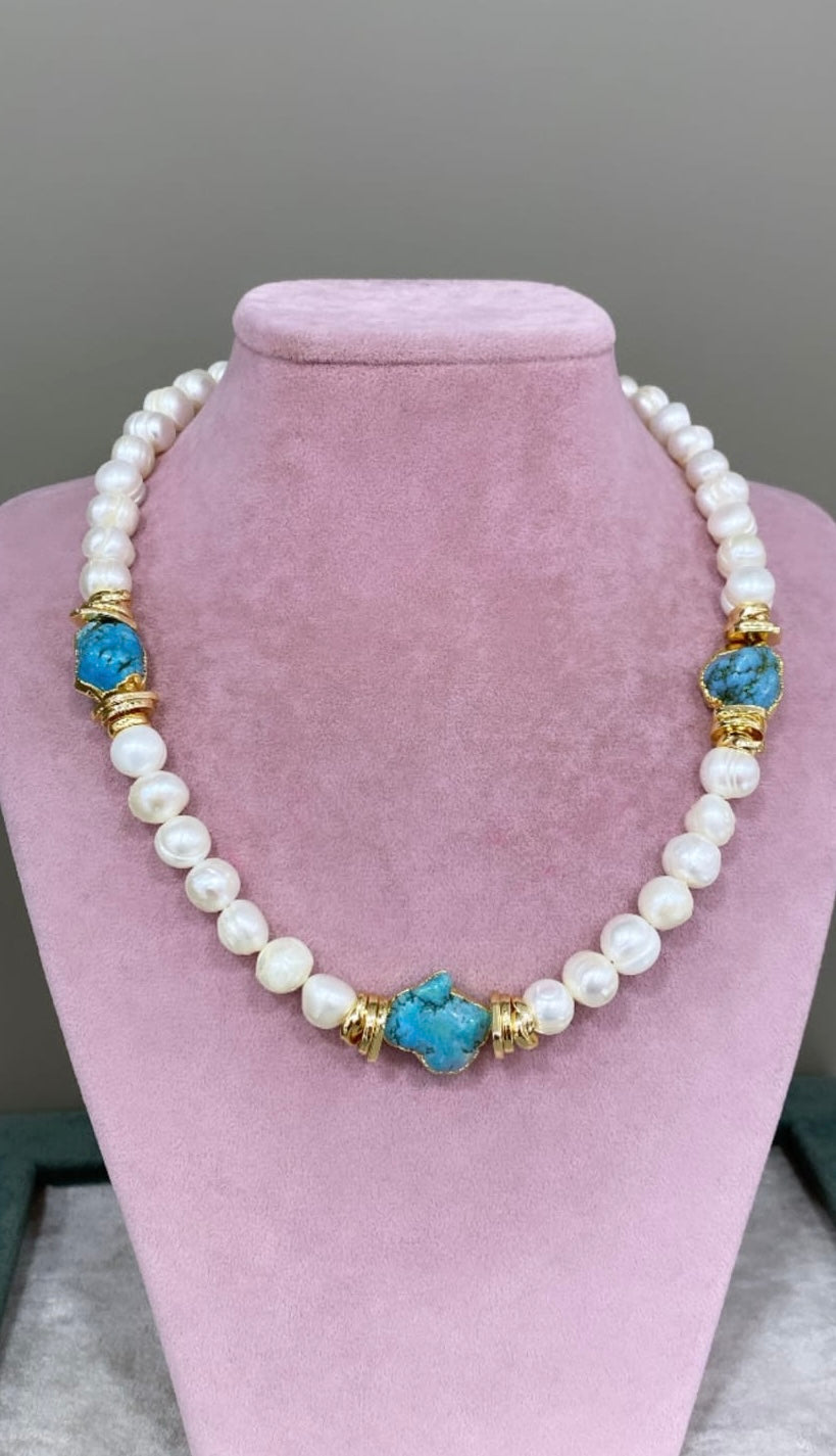 Handcrafted Pearl & Turquoise Necklace with 22K Gold-Plated Accents