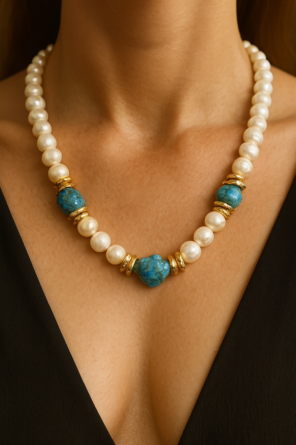 Handcrafted Pearl & Turquoise Necklace with 22K Gold-Plated Accents