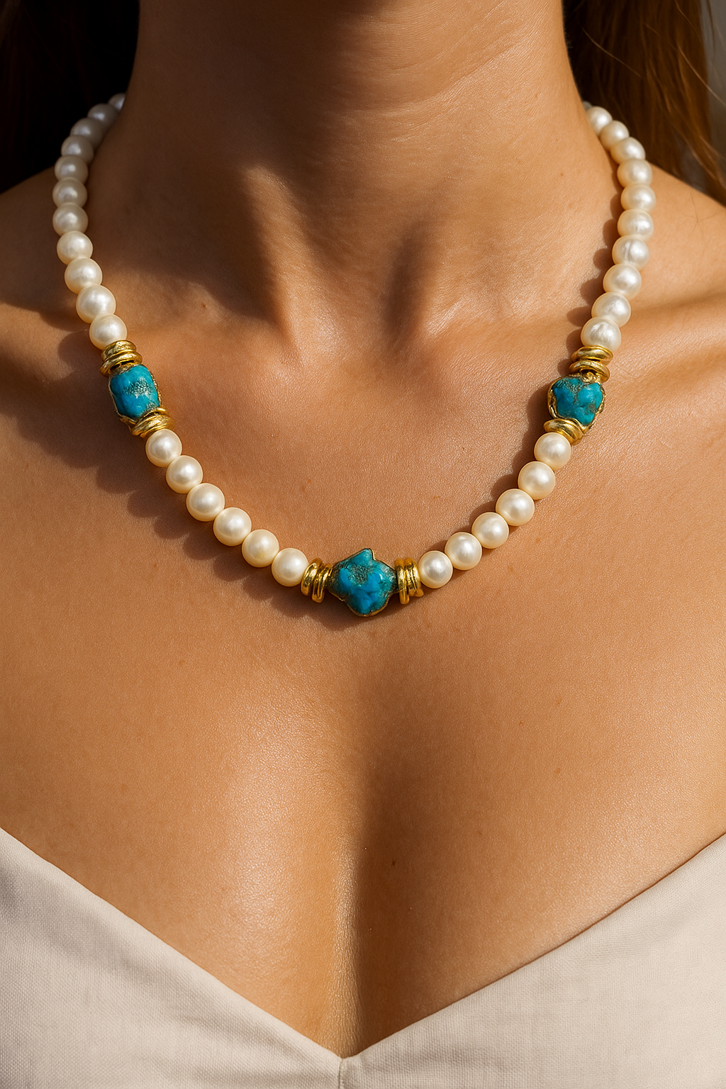 Handcrafted Pearl & Turquoise Necklace with 22K Gold-Plated Accents