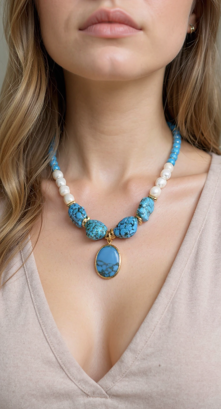 Handcrafted Turquoise & Pearl Necklace with Natural Stone Pendant