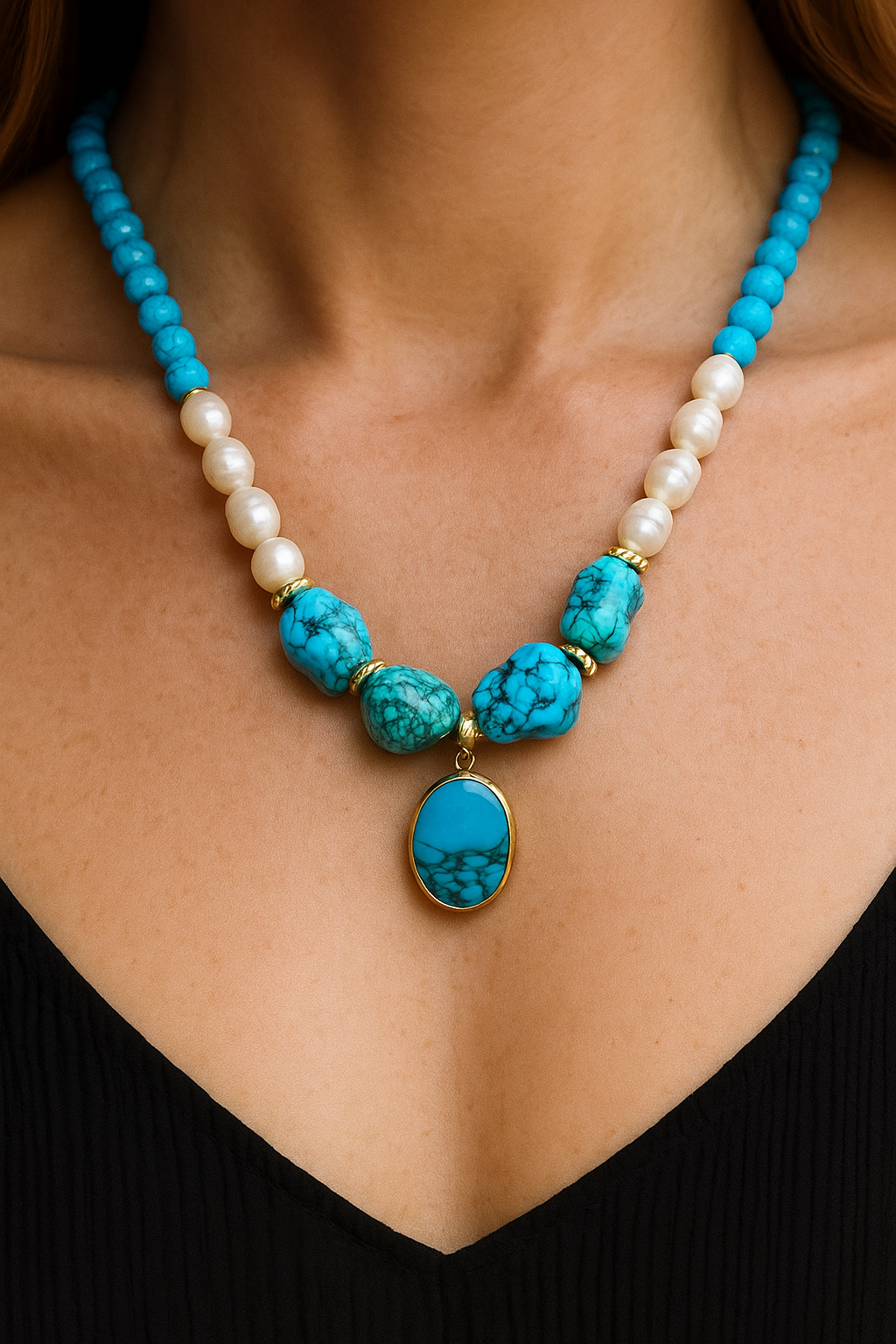Handcrafted Turquoise & Pearl Necklace with Natural Stone Pendant
