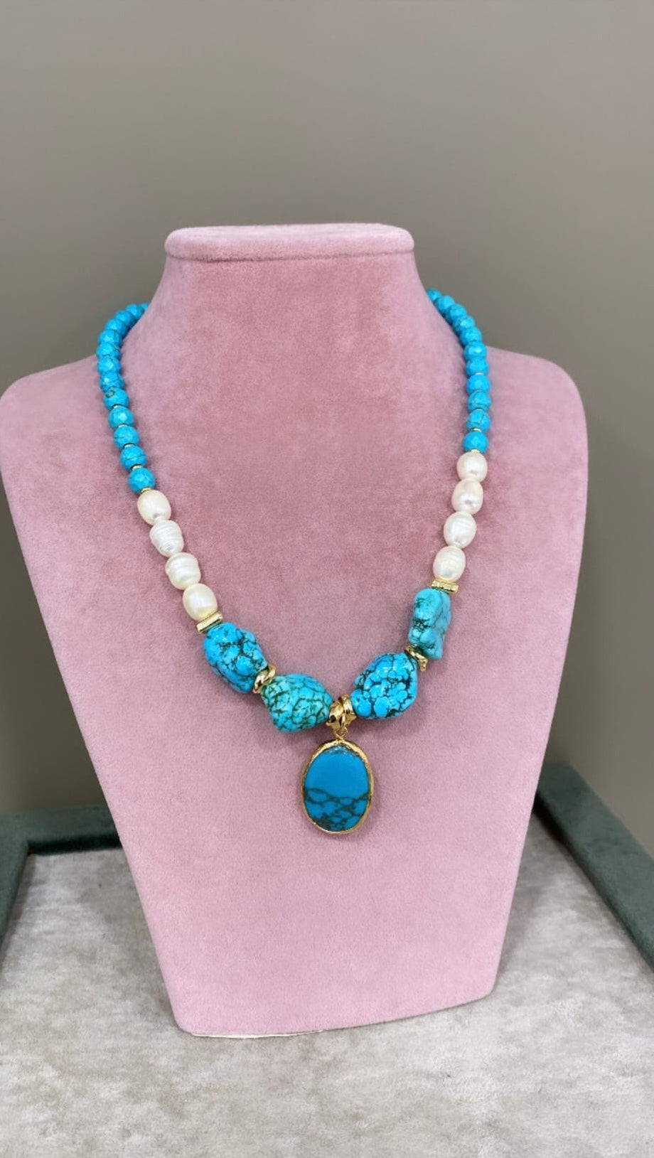 Handcrafted Turquoise & Pearl Necklace with Natural Stone Pendant