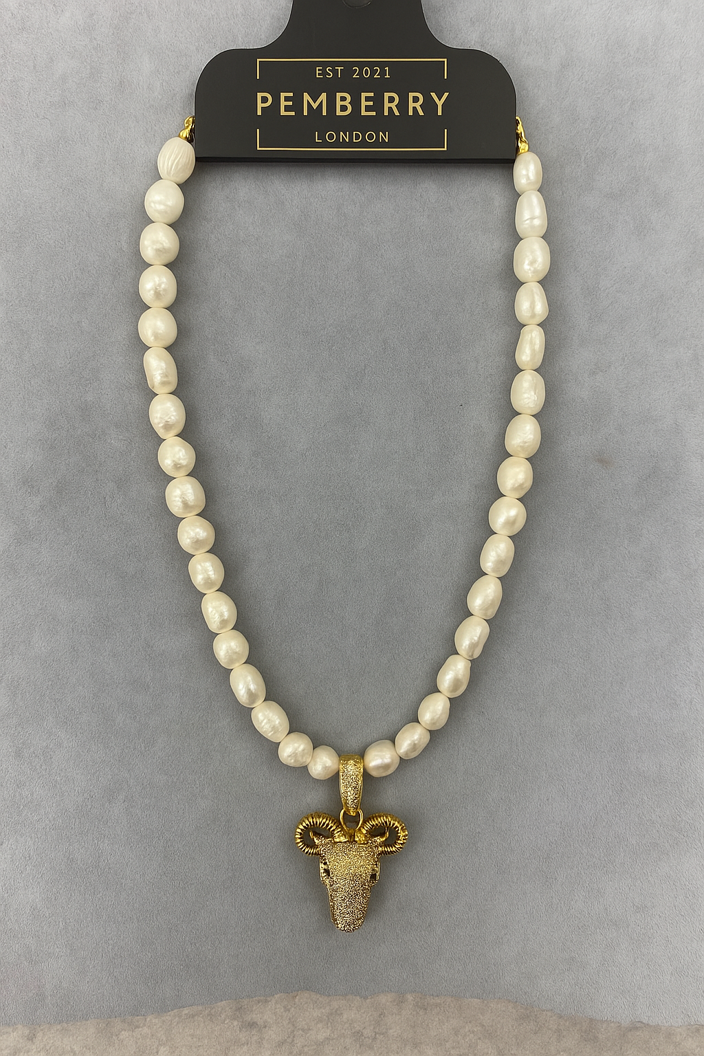 Handmade Baroque Pearl Necklace with Ram Head Pendant – Gold-Plated | Bold Artisan Statement Jewelry