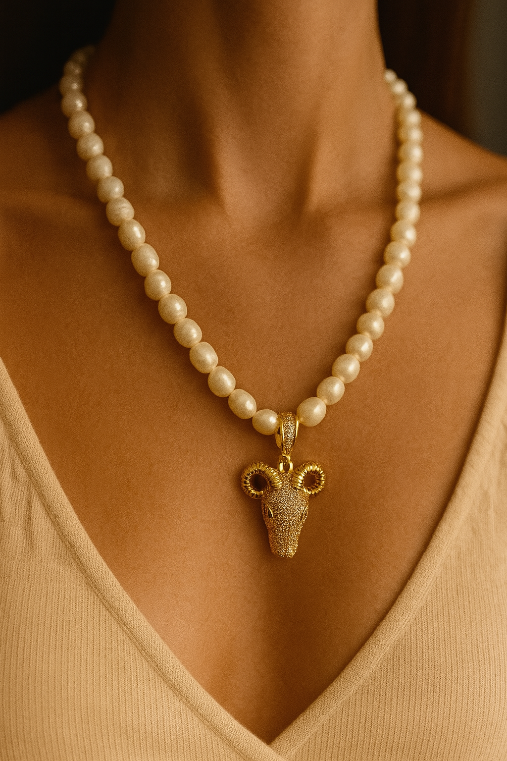 Handmade Baroque Pearl Necklace with Ram Head Pendant – Gold-Plated | Bold Artisan Statement Jewelry