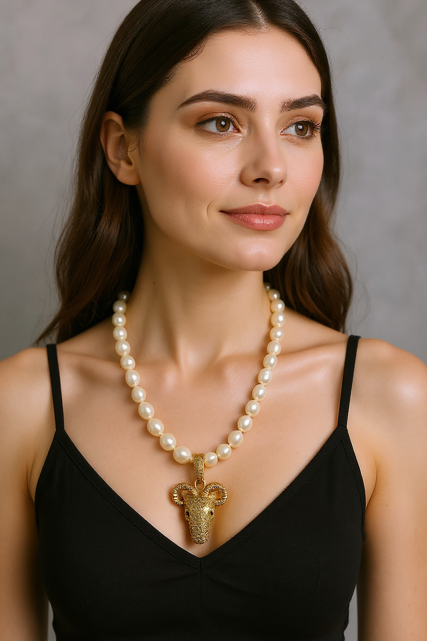 Handmade Baroque Pearl Necklace with Ram Head Pendant – Gold-Plated | Bold Artisan Statement Jewelry