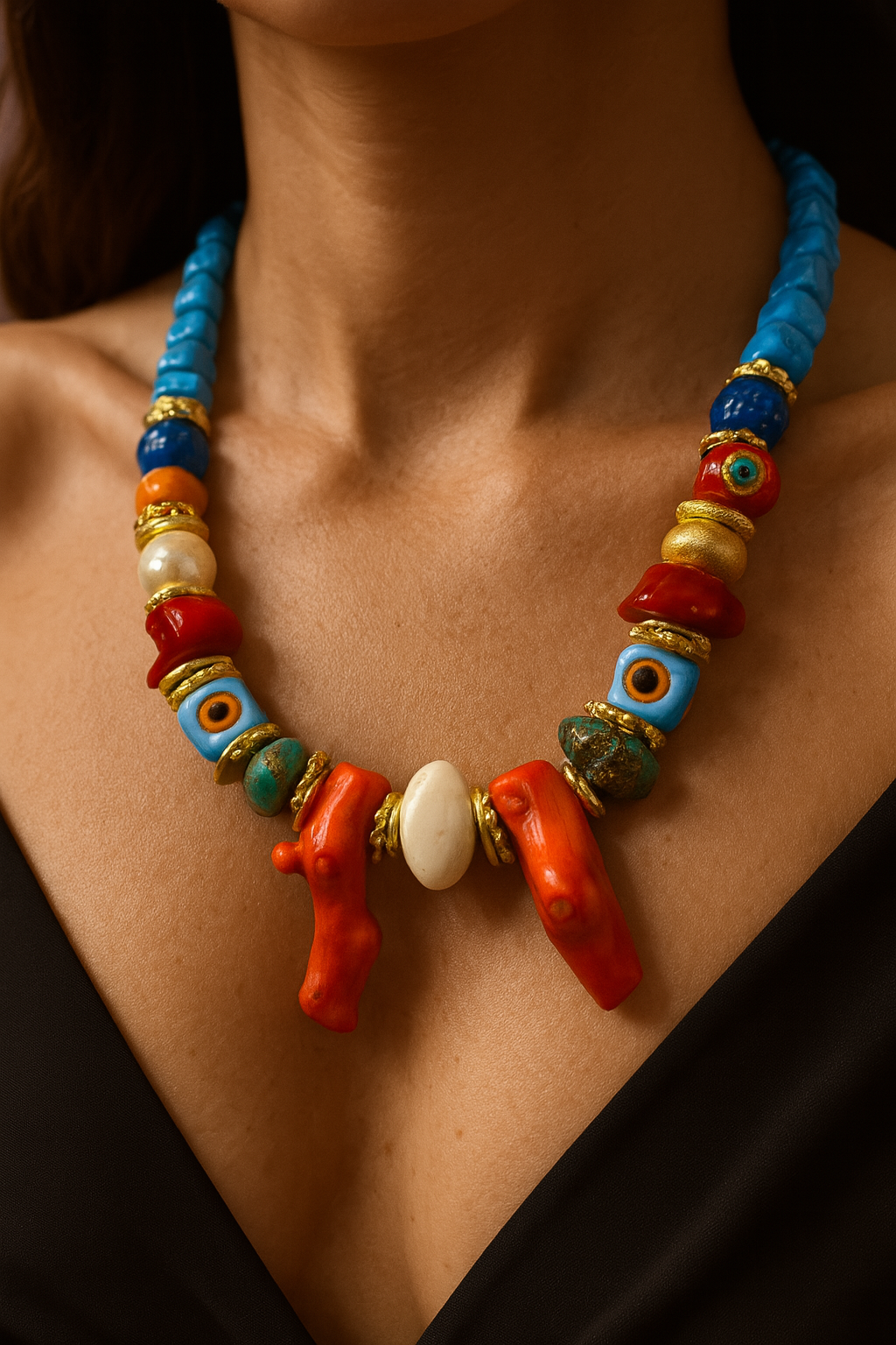 Handmade Coral & Evil Eye Beaded Necklace – Pemberry London