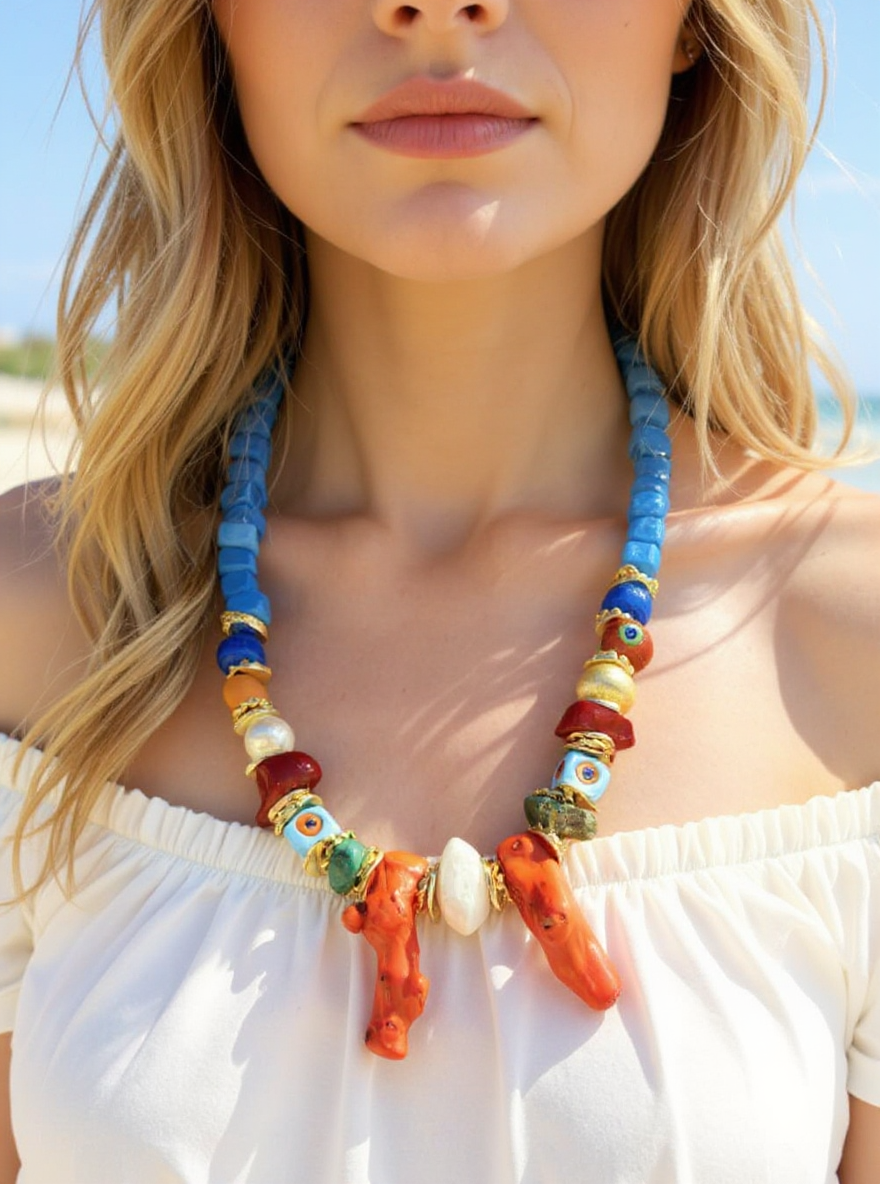 Handmade Coral & Evil Eye Beaded Necklace – Pemberry London