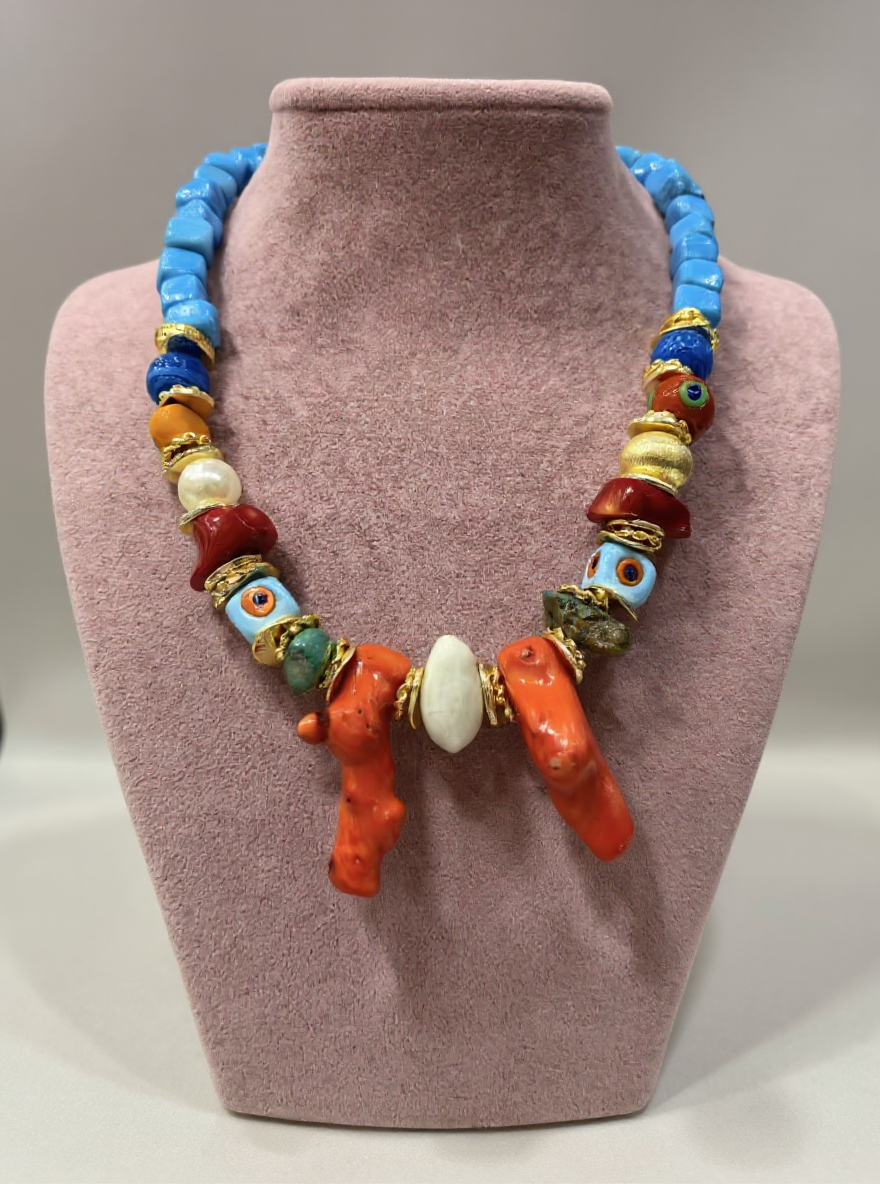 Handmade Coral & Evil Eye Beaded Necklace – Pemberry London