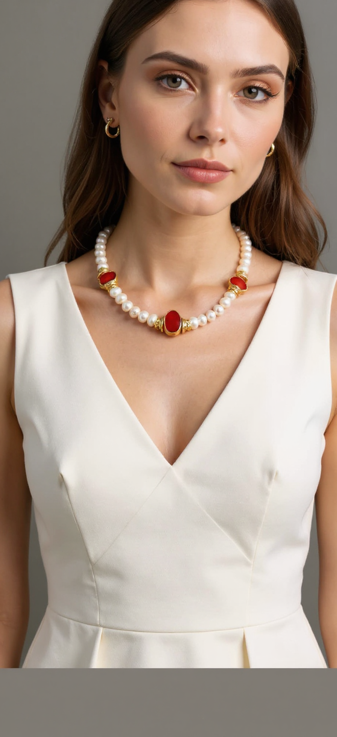 Handmade Coral and Pearl Necklace – 22K Gold-Plated | Elegant Statement Piece on the Neckline