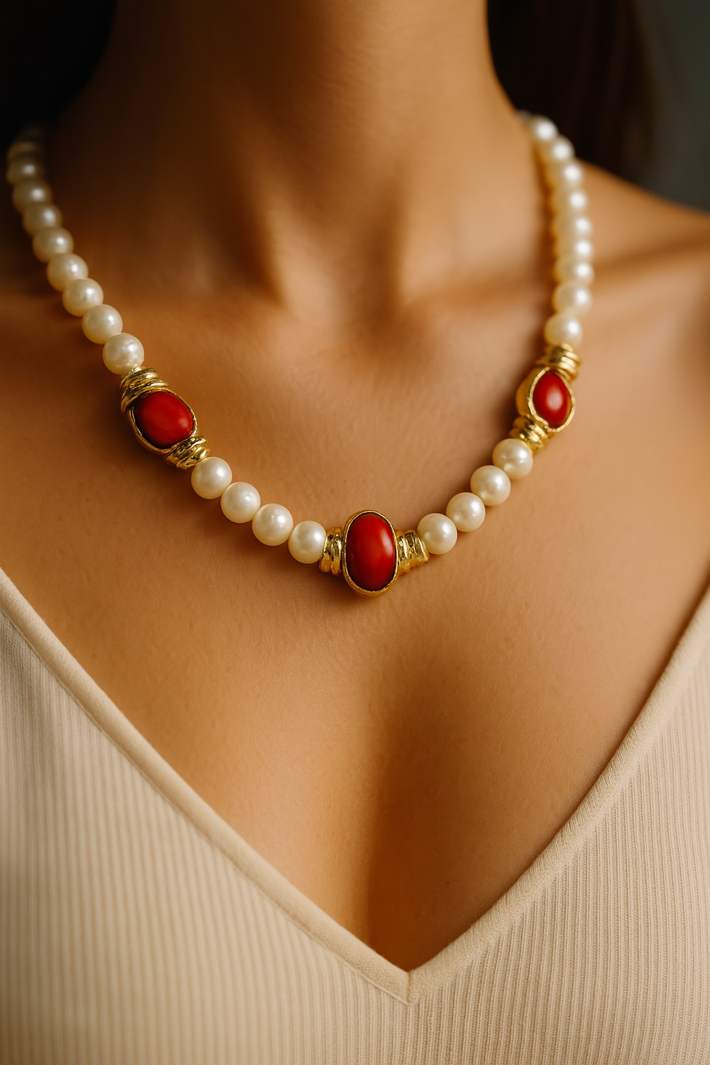 Handmade Coral and Pearl Necklace – 22K Gold-Plated | Elegant Statement Piece on the Neckline
