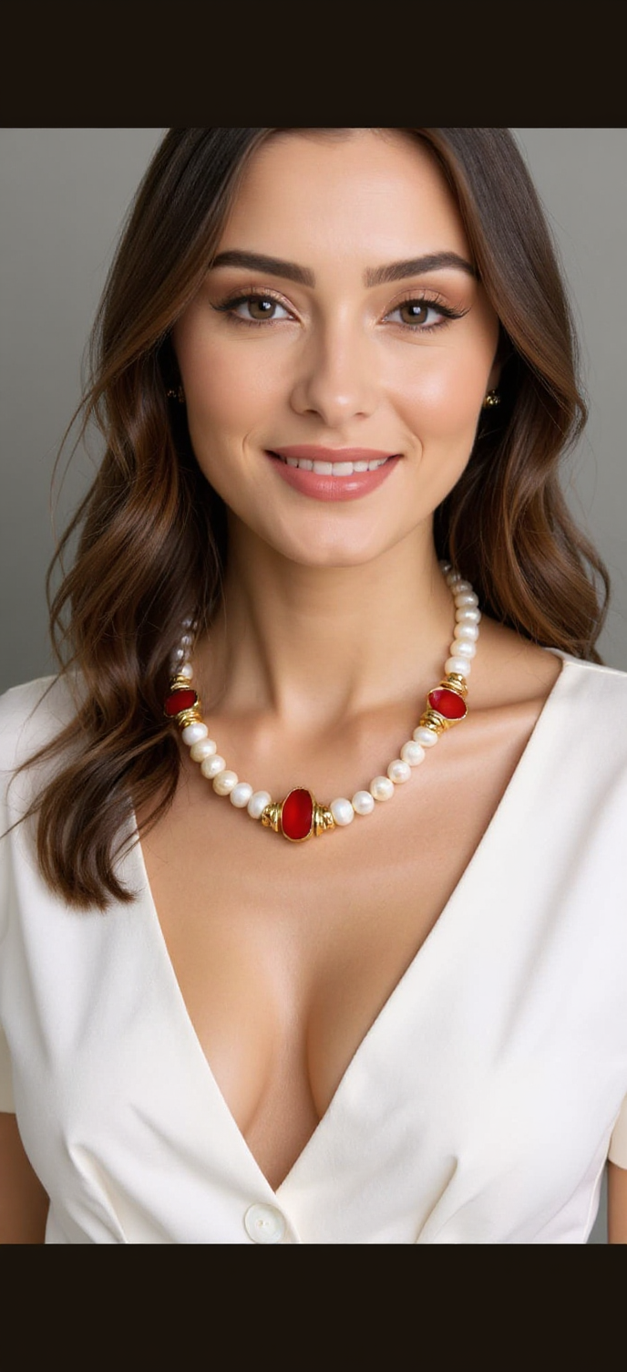 Handmade Coral and Pearl Necklace – 22K Gold-Plated | Elegant Statement Piece on the Neckline