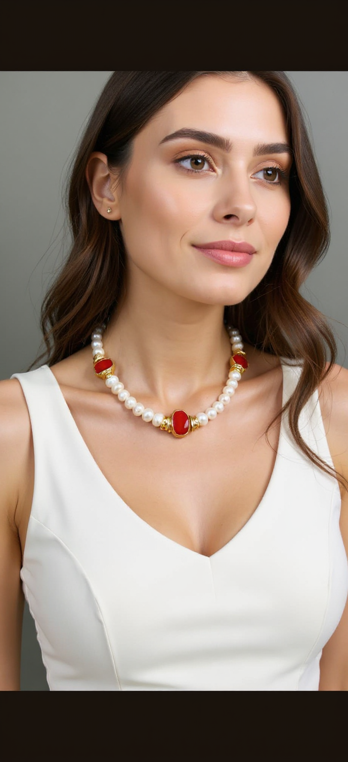Handmade Coral and Pearl Necklace – 22K Gold-Plated | Elegant Statement Piece on the Neckline