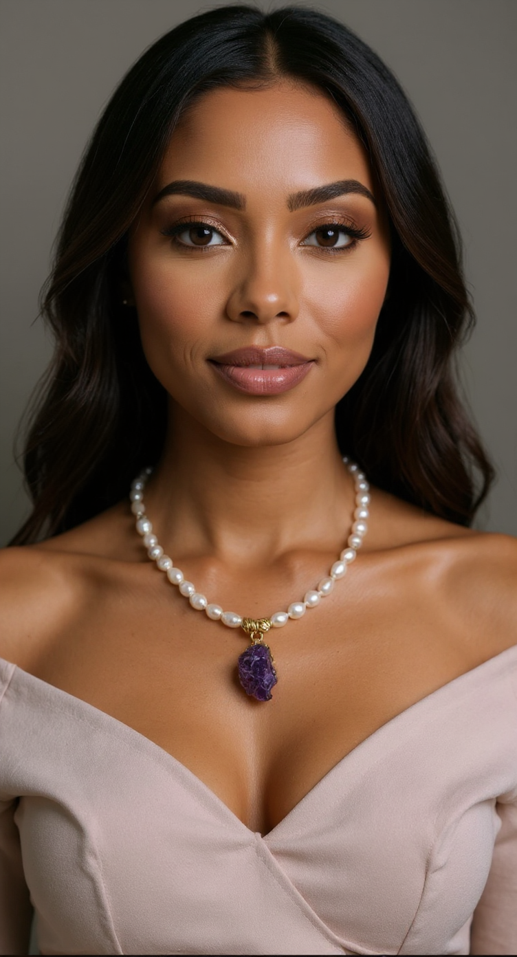 Handmade Freshwater Pearl Necklace with Raw Amethyst Pendant – 22K Gold-Plated Brass Details