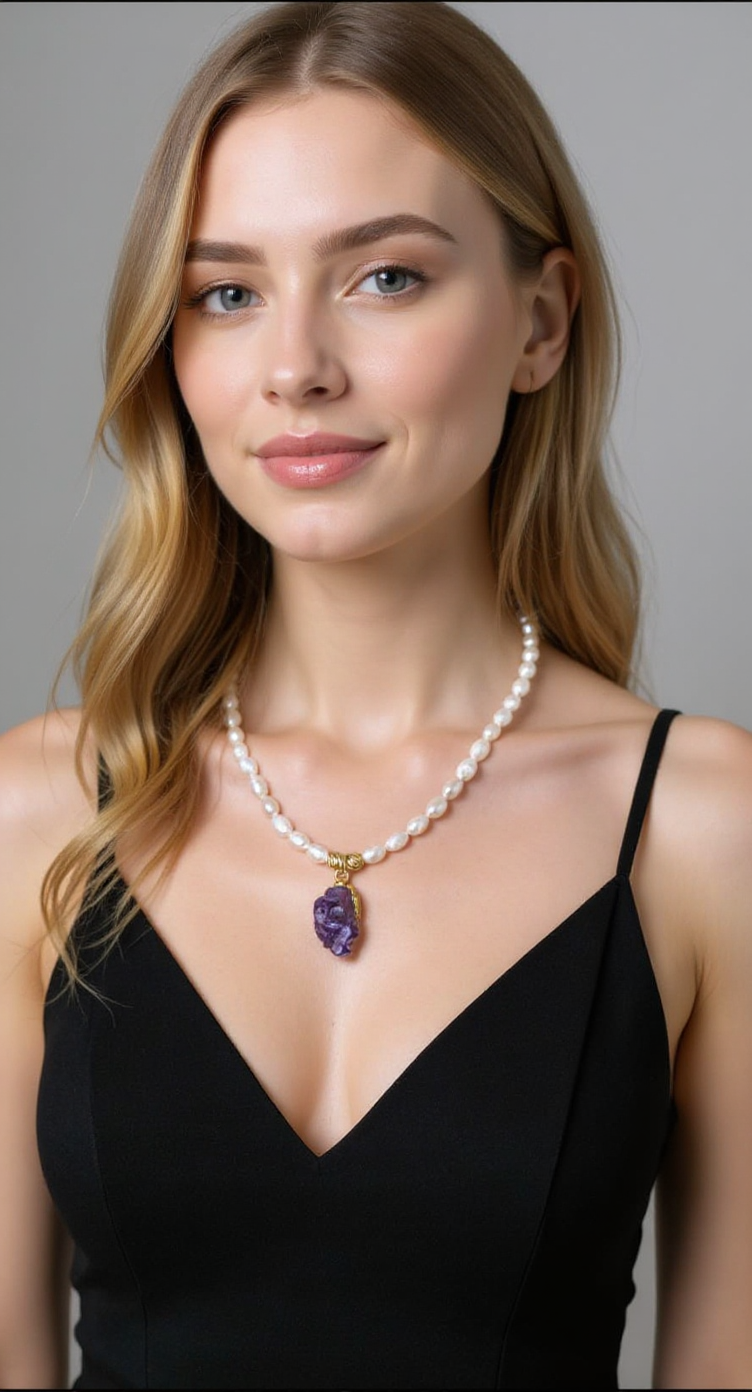 Handmade Freshwater Pearl Necklace with Raw Amethyst Pendant – 22K Gold-Plated Brass Details