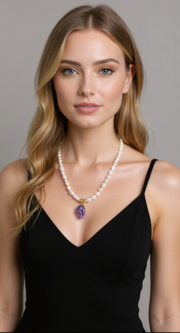Handmade Freshwater Pearl Necklace with Raw Amethyst Pendant – 22K Gold-Plated Brass Details