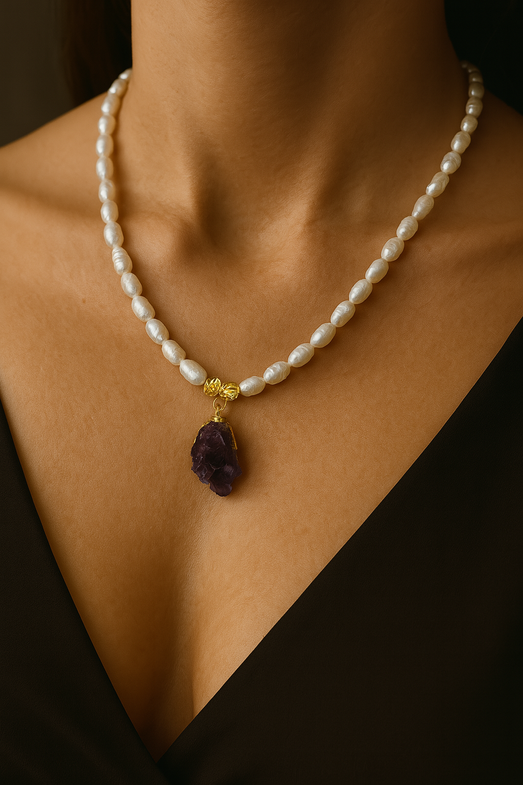 Handmade Freshwater Pearl Necklace with Raw Amethyst Pendant – 22K Gold-Plated Brass Details