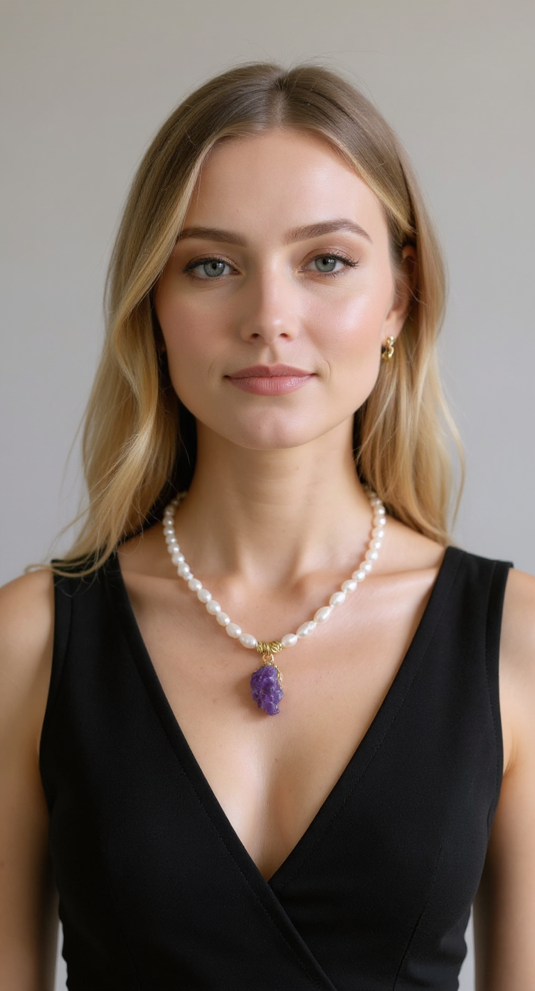 Handmade Freshwater Pearl Necklace with Raw Amethyst Pendant – 22K Gold-Plated Brass Details