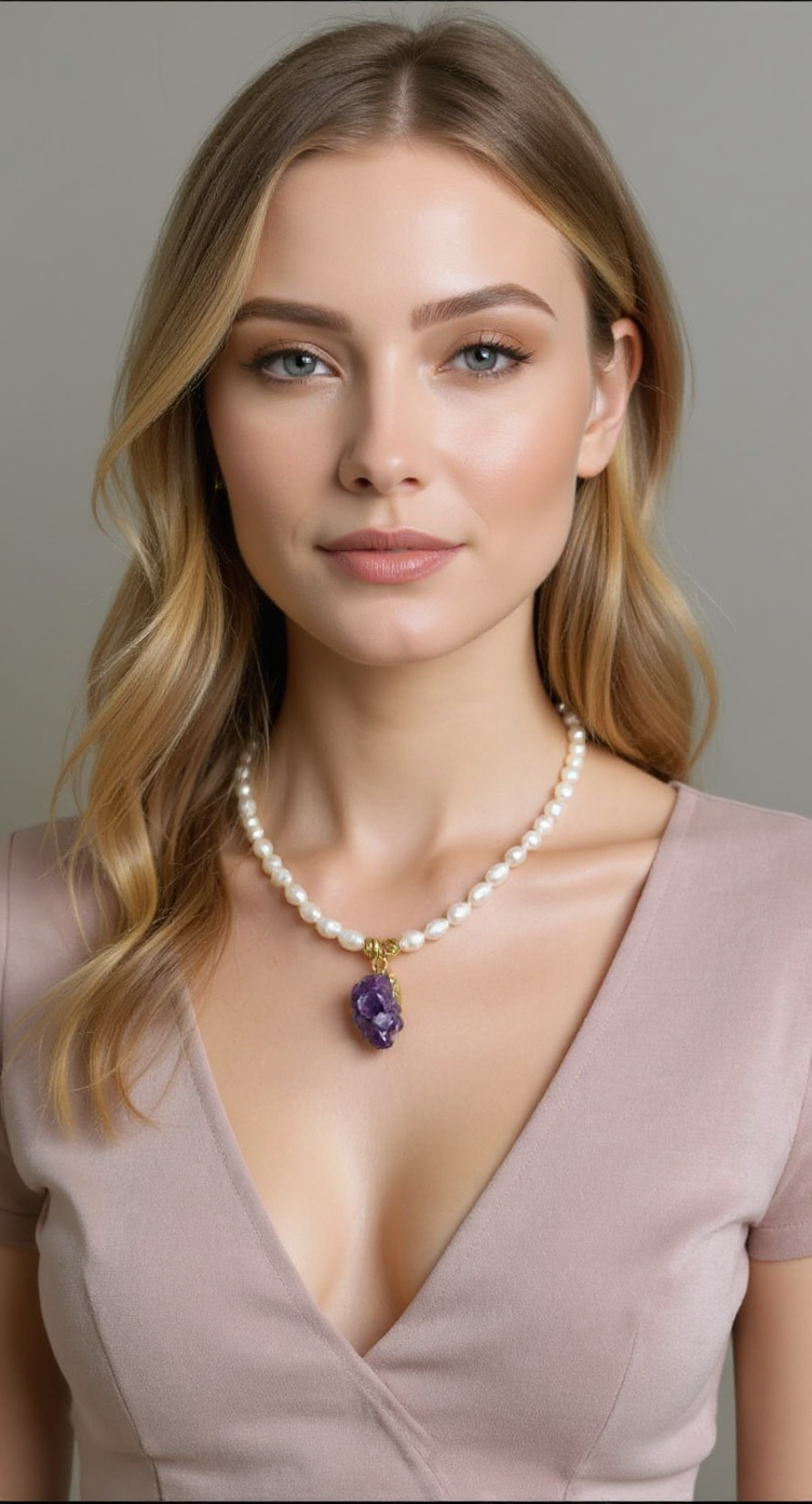 Handmade Freshwater Pearl Necklace with Raw Amethyst Pendant – 22K Gold-Plated Brass Details