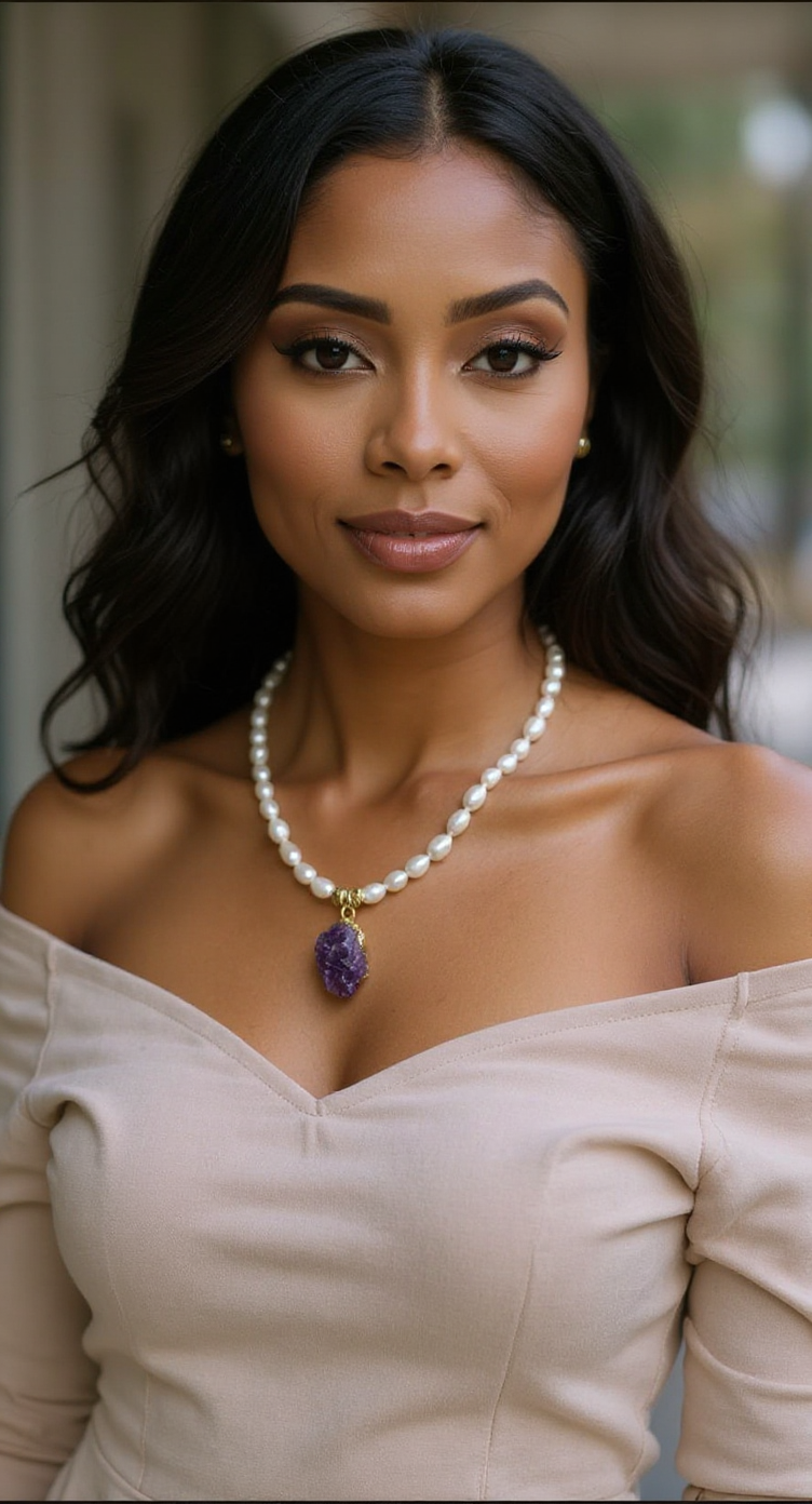 Handmade Freshwater Pearl Necklace with Raw Amethyst Pendant – 22K Gold-Plated Brass Details