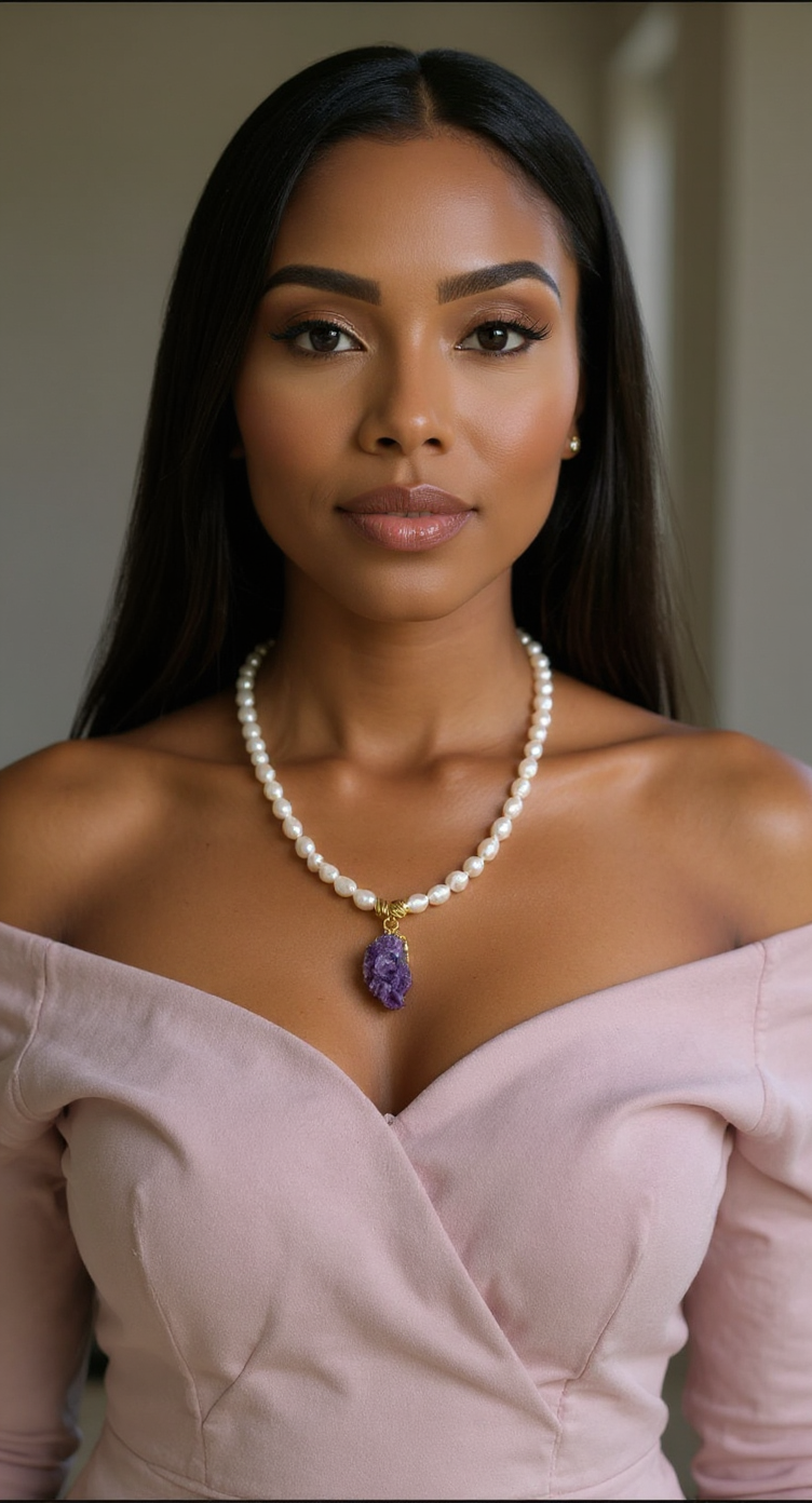 Handmade Freshwater Pearl Necklace with Raw Amethyst Pendant – 22K Gold-Plated Brass Details