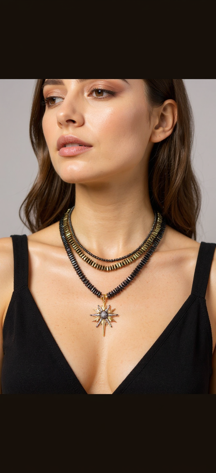 Handmade Hematite Necklace with Star Pendant – 22K Gold-Plated, Multi-Layered Statement Jewelry