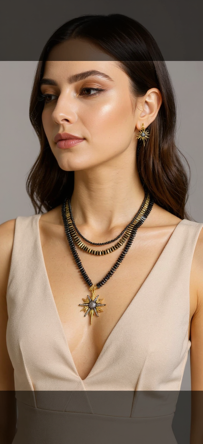 Handmade Hematite Necklace with Star Pendant – 22K Gold-Plated, Multi-Layered Statement Jewelry