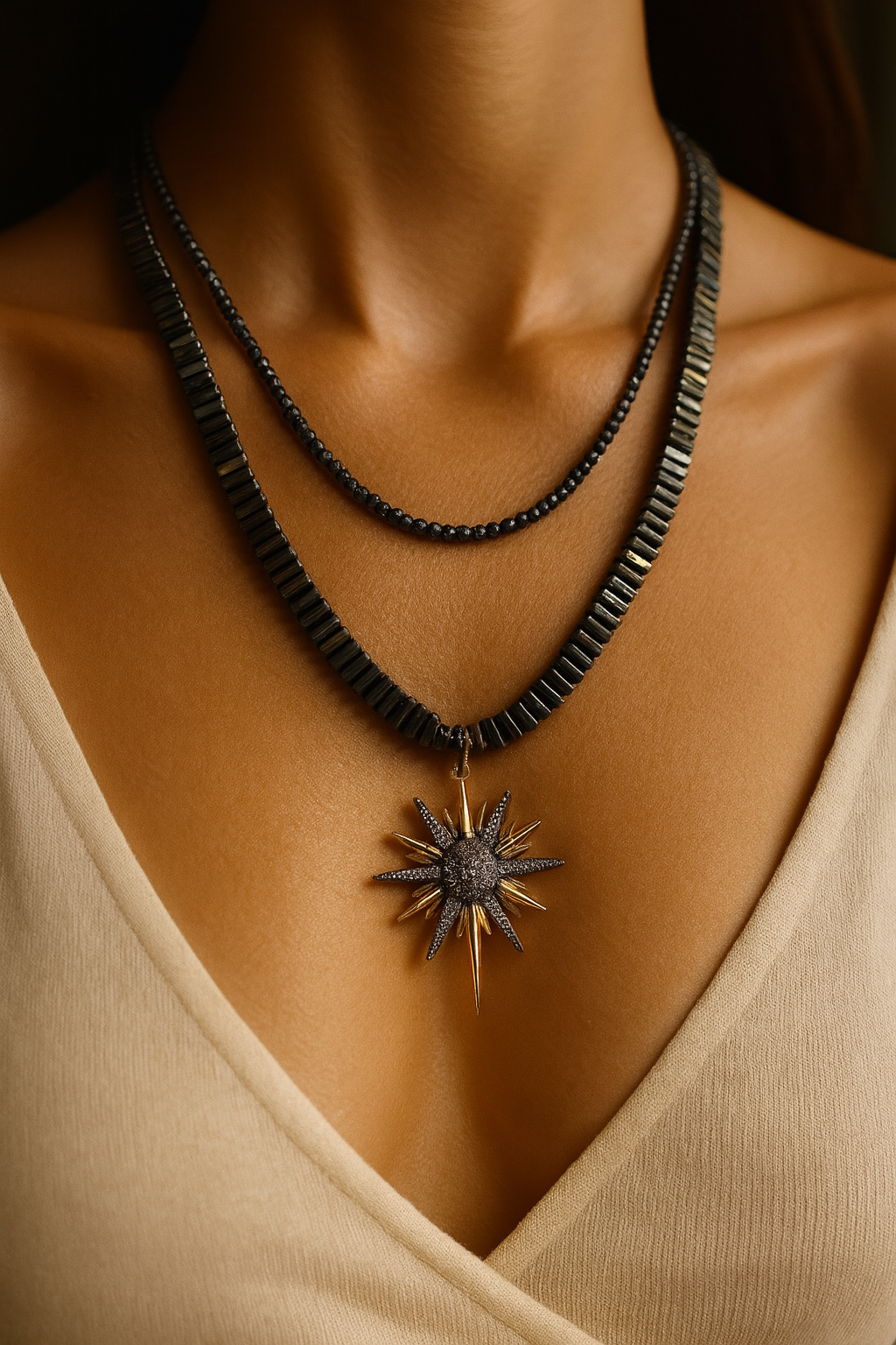 Handmade Hematite Necklace with Star Pendant – 22K Gold-Plated, Multi-Layered Statement Jewelry