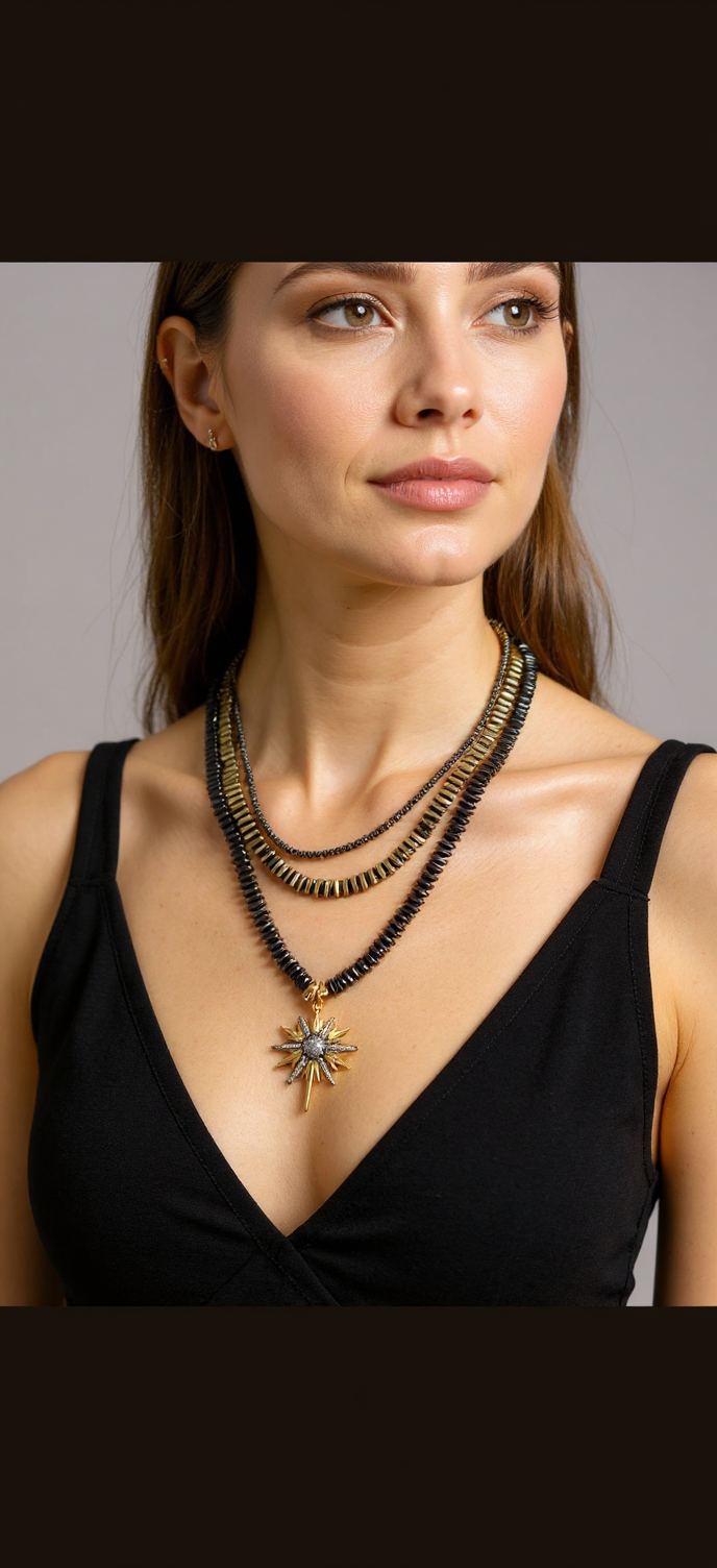 Handmade Hematite Necklace with Star Pendant – 22K Gold-Plated, Multi-Layered Statement Jewelry