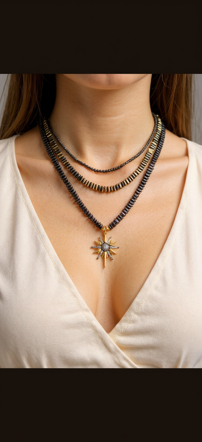 Handmade Hematite Necklace with Star Pendant – 22K Gold-Plated, Multi-Layered Statement Jewelry