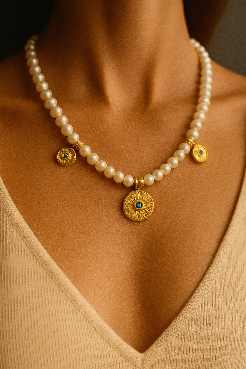 Handmade Pearl Necklace with Zircon Eye Pendants – Gold-Plated | Elegant Artisan Jewelry