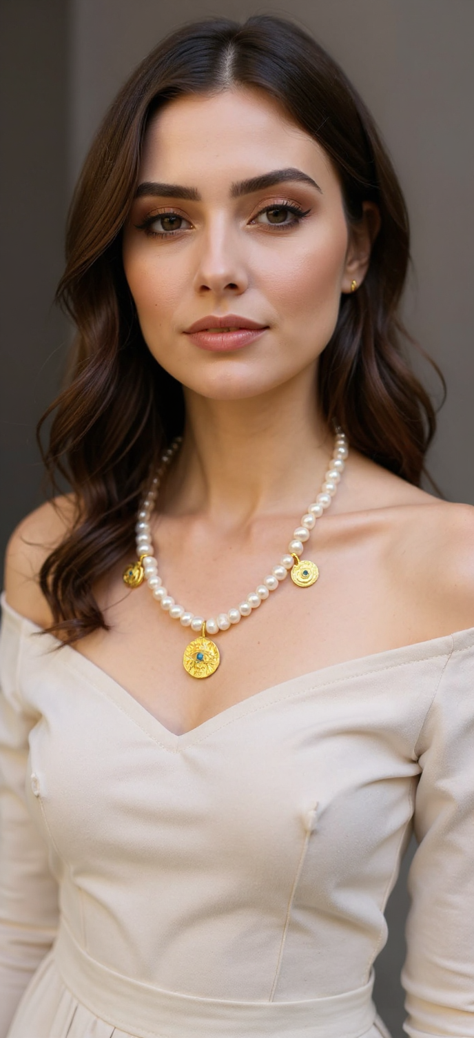 Handmade Pearl Necklace with Zircon Eye Pendants – Gold-Plated | Elegant Artisan Jewelry