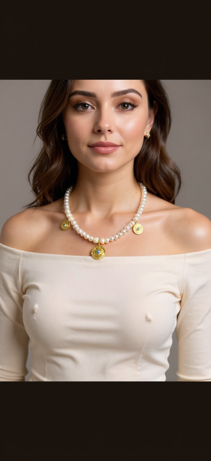 Handmade Pearl Necklace with Zircon Eye Pendants – Gold-Plated | Elegant Artisan Jewelry