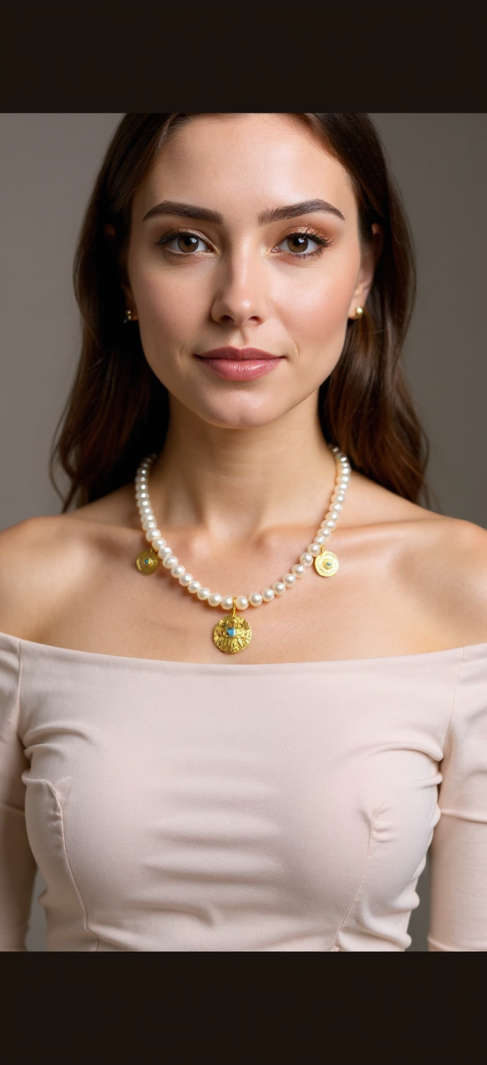 Handmade Pearl Necklace with Zircon Eye Pendants – Gold-Plated | Elegant Artisan Jewelry