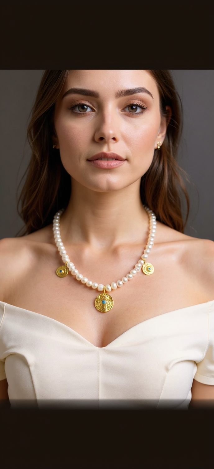 Handmade Pearl Necklace with Zircon Eye Pendants – Gold-Plated | Elegant Artisan Jewelry