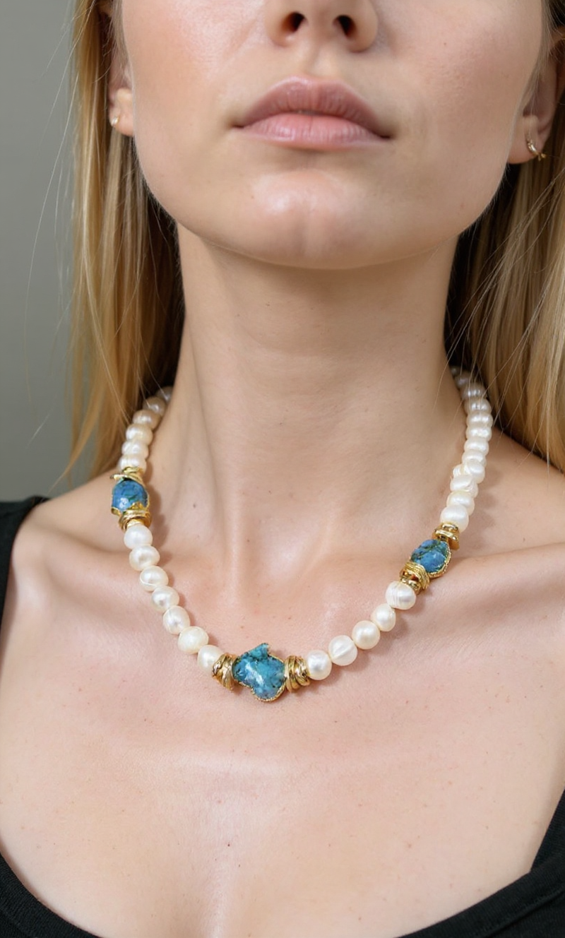 Handmade Turquoise and Pearl Necklace – 22K Gold-Plated Brass, Elegant Natural Gemstone Jewelry