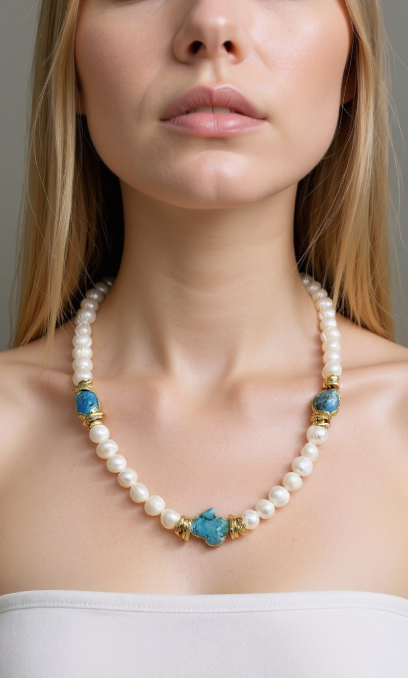 Handmade Turquoise and Pearl Necklace – 22K Gold-Plated Brass, Elegant Natural Gemstone Jewelry