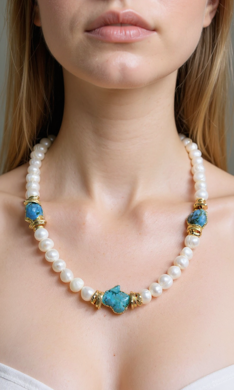 Handmade Turquoise and Pearl Necklace – 22K Gold-Plated Brass, Elegant Natural Gemstone Jewelry