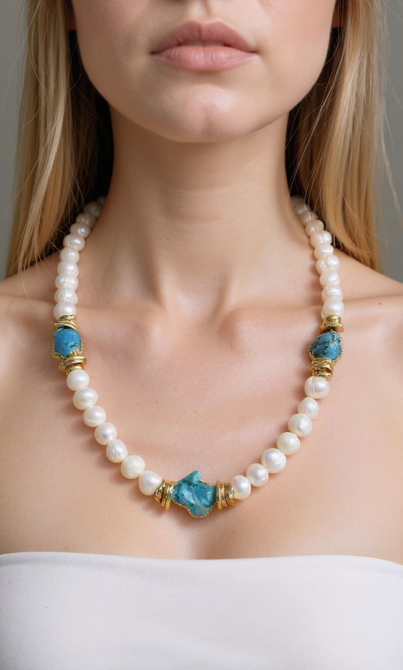 Handmade Turquoise and Pearl Necklace – 22K Gold-Plated Brass, Elegant Natural Gemstone Jewelry