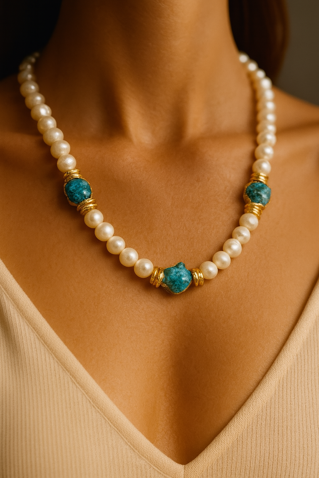 Handmade Turquoise and Pearl Necklace – 22K Gold-Plated Brass, Elegant Natural Gemstone Jewelry
