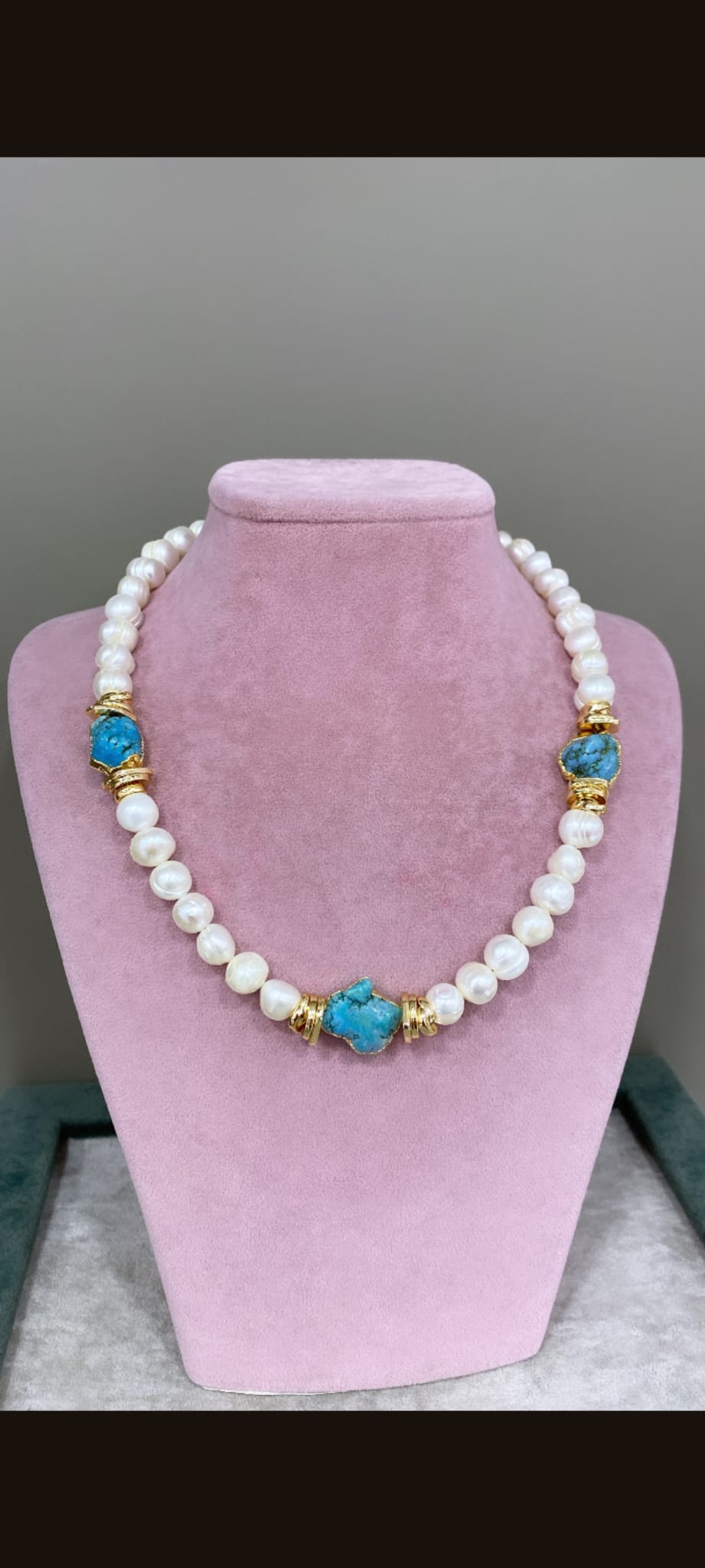 Handmade Turquoise and Pearl Necklace – 22K Gold-Plated Brass, Elegant Natural Gemstone Jewelry