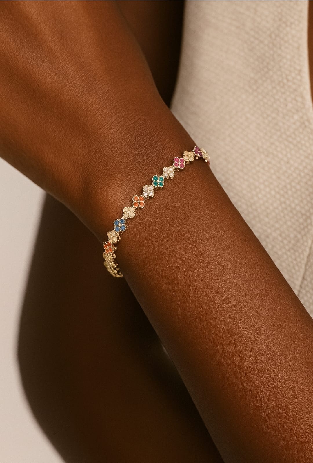 Rainbow Daisy Flower Bracelet – 18K Gold-Plated with Multicolor Cubic Zirconia