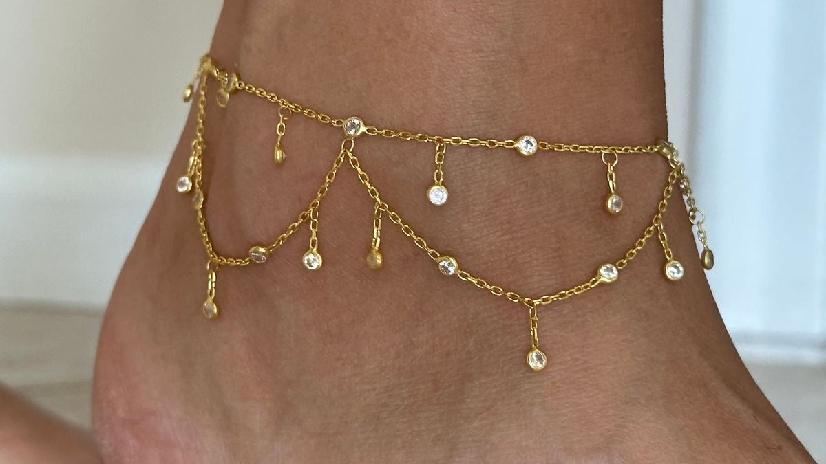 Gold Layered Chain Anklet with Crystal Droplets