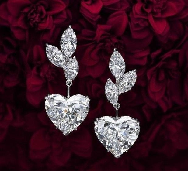 Enchanted Bloom – Leaf & Heart Diamond Drop Earrings