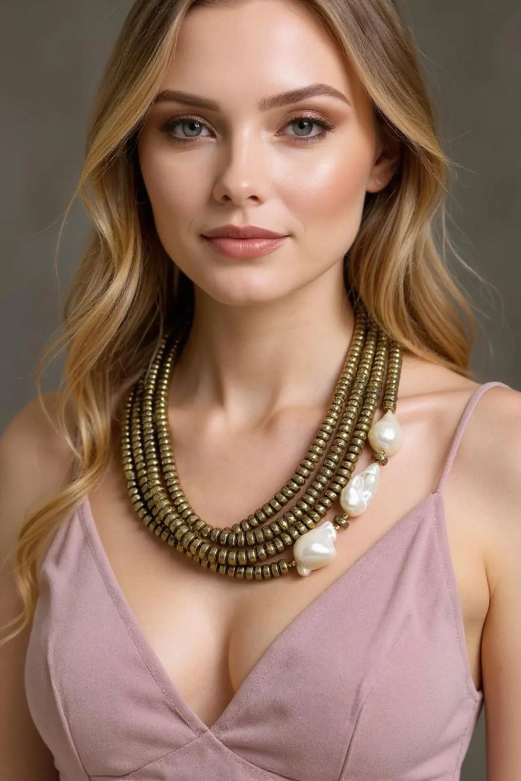 Multi-Strand Brass Bead Necklace with Red Natural Stone Accents – Handmade Boho Statement Jewelry