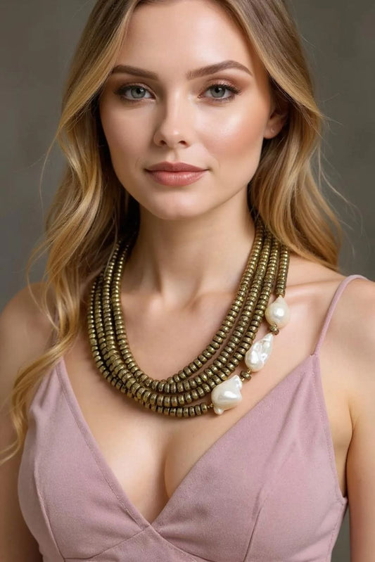 Multi-Strand Brass Bead Necklace with Red Natural Stone Accents – Handmade Boho Statement Jewelry